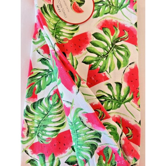 NEW Set 2 Kitchen Towels Cedar Lane WATERMELON & MONSTERA Leaf 100% Cotton - Picture 2 of 4